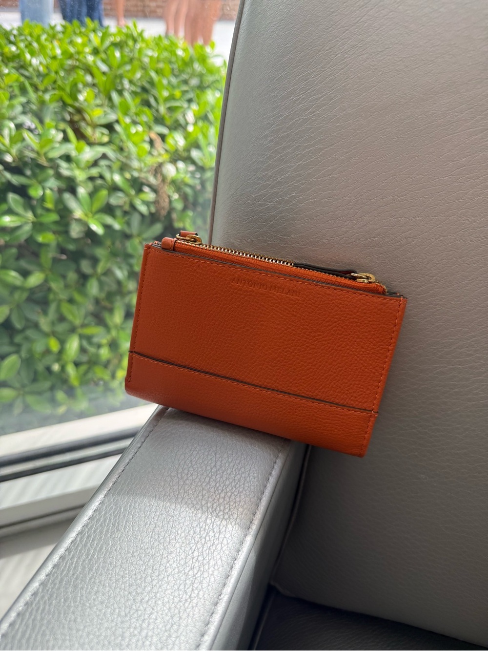 ANTONIO MELANI Orange Pebbled Leather Zip Card Wallet